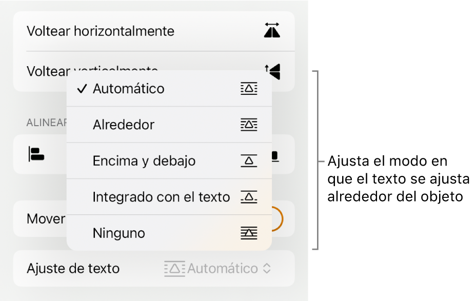 Los controles de Formato con la pestaña Disposición seleccionada. Debajo aparecen los controles de ajuste del texto, que incluyen “Mover a capa inferior/superior”, “Mover con texto” y “Ajuste de texto”.