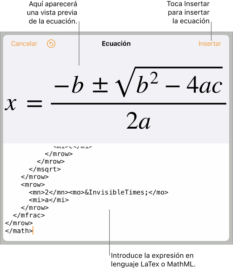 El diálogo Ecuación con una ecuación escrita con comandos de MathML y una previsualización de la fórmula encima.
