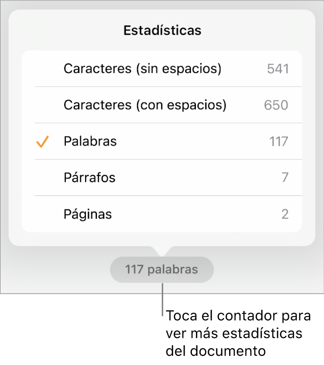 El contador de palabras con un menú que muestra las opciones para ver el número de caracteres con y sin espacios, el recuento de palabras, el recuento de párrafos y el recuento de páginas.