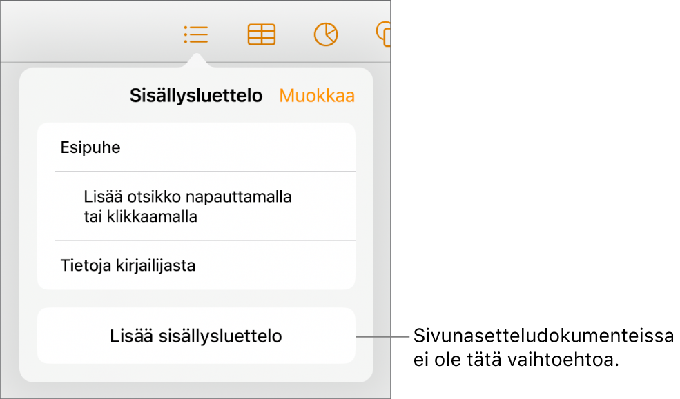Sisällysluettelonäkymä, jossa on Muokkaa oikeassa yläkulmassa sekä sisällysluettelon kohteet ja Lisää sisällysluettelo -painike alhaalla.