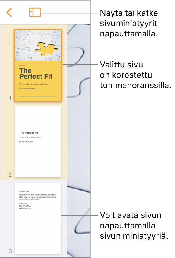 Sivujen miniatyyrinäkymä näytön vasemmassa reunassa ja yksi sivu valittuna. Näkymävalinnat-painike on miniatyyrien yläpuolella.