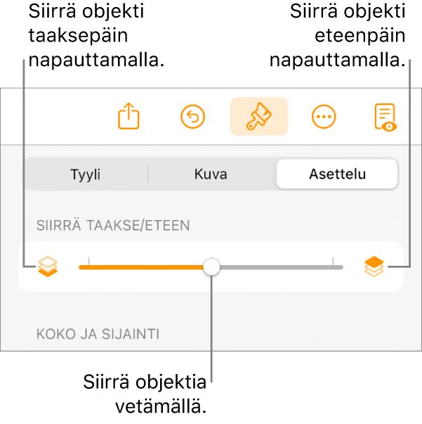 Siirrä taakse -painike, Siirrä eteen -painike ja kerrosliukusäädin.