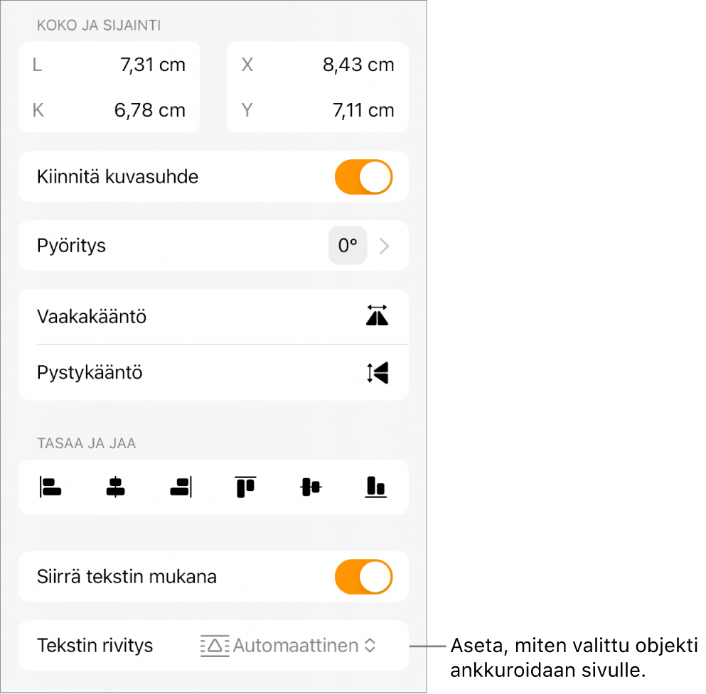 Muoto-säätimet Asettele-välilehden ollessa valittuna sekä säätimet toiminnoille Siirrä taakse/eteen, Tekstin mukana ja Tekstin rivitys.