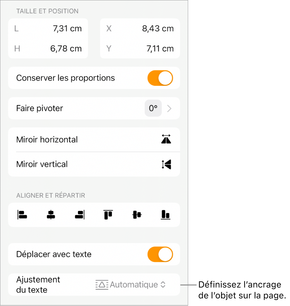 Les commandes Format avec l’onglet Disposition sélectionné et les commandes « Déplacer vers l’arrière/avant », « Déplacer avec texte » et « Ajustement du texte ».