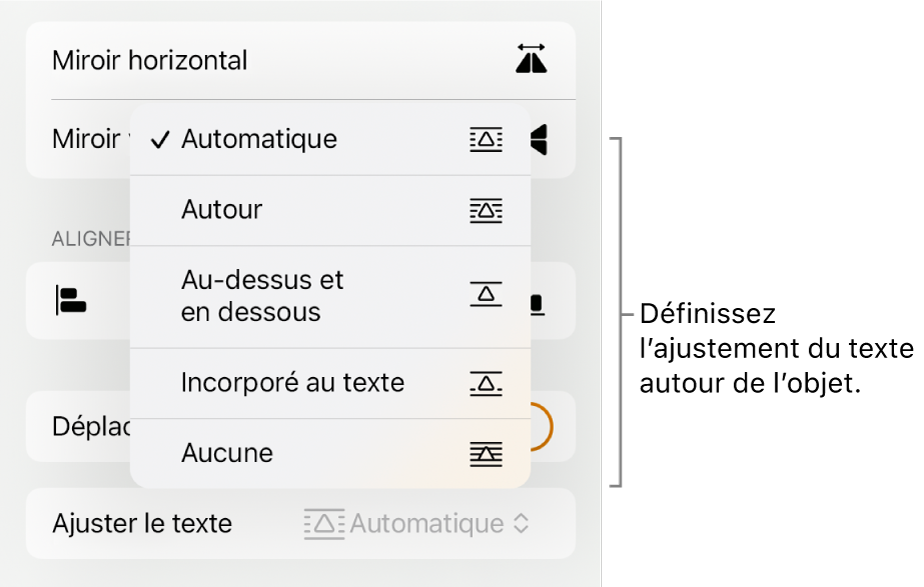 Les commandes Format avec l’onglet Disposition sélectionné. En dessous se trouvent les commandes « Ajustement du texte » avec les options « Déplacer vers l’arrière/avant », « Déplacer avec texte » et « Ajustement du texte ».