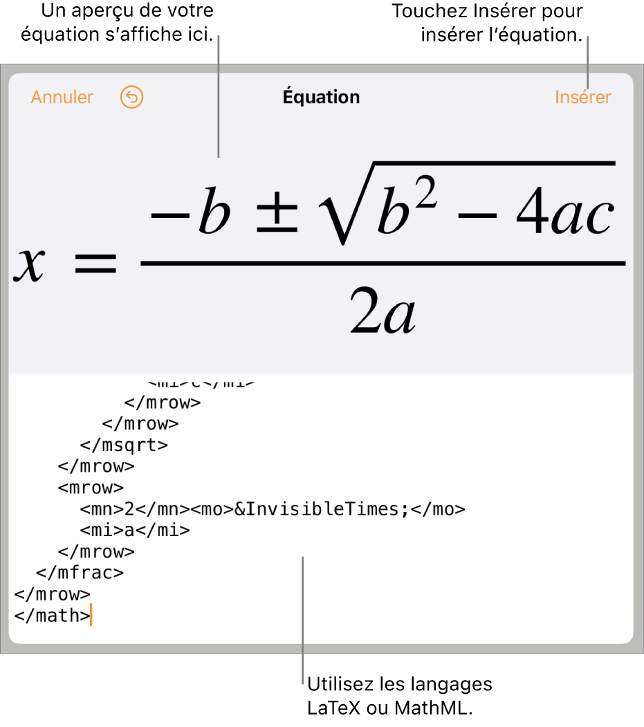 Zone de dialogue Équation, affichant une équation composée à l’aide des commandes MathML et aperçu de la formule au-dessus.