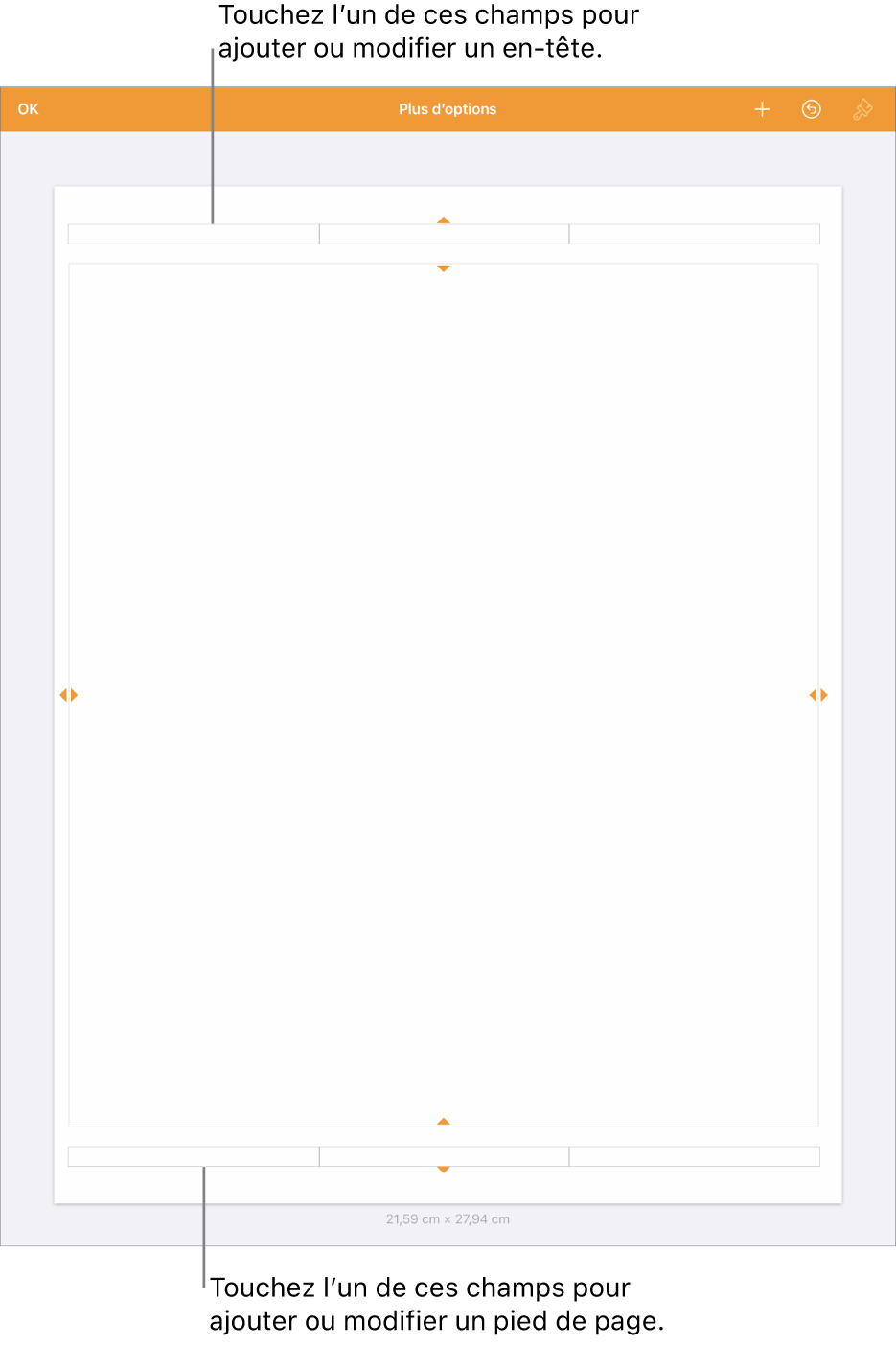 Présentation Plus d’options avec trois champs en haut du document pour les en-têtes et trois champs en bas pour les bas de page.