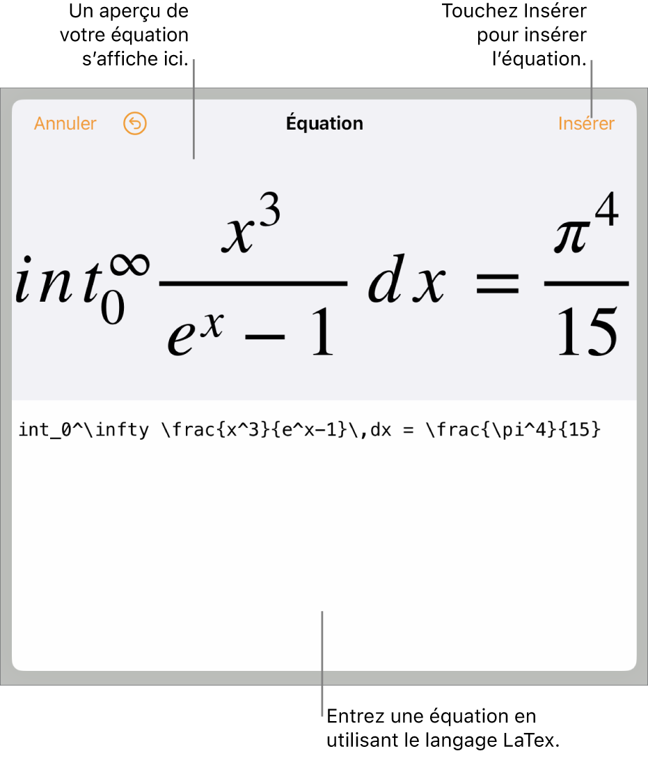 Zone de dialogue Équation, affichant une équation composée à l’aide des commandes LaTex et aperçu de la formule au-dessus.