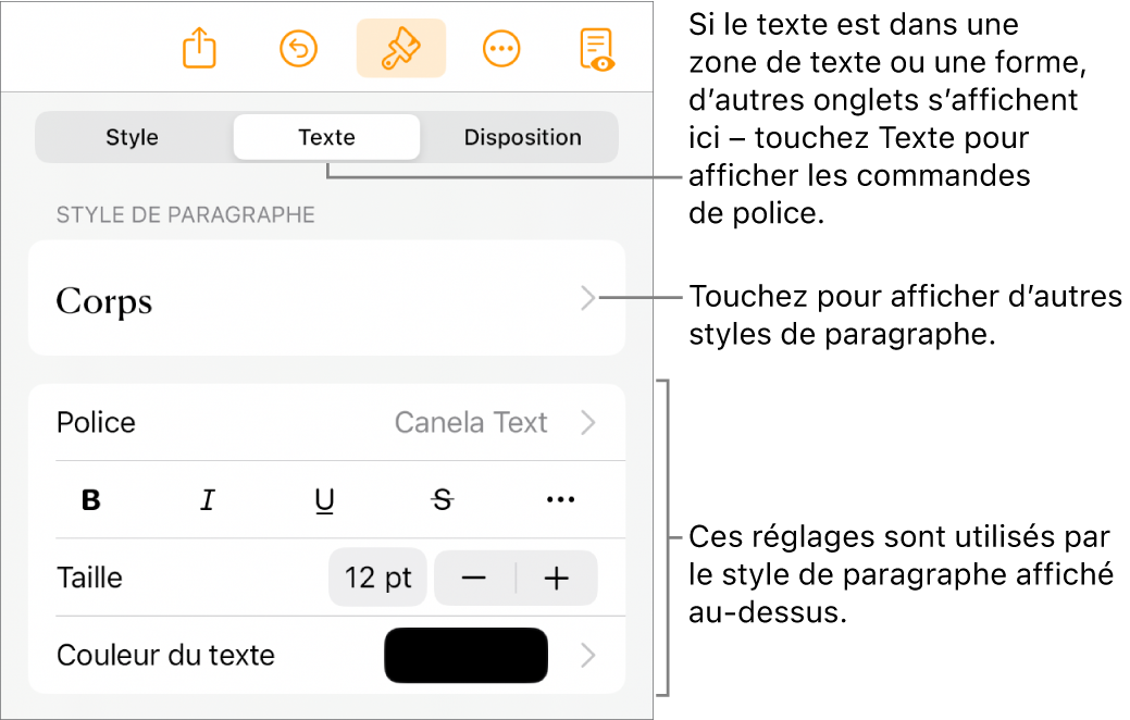 Menu Format avec commandes de texte permettant de définir les styles, la police, la taille et la couleur des paragraphes et des caractères.
