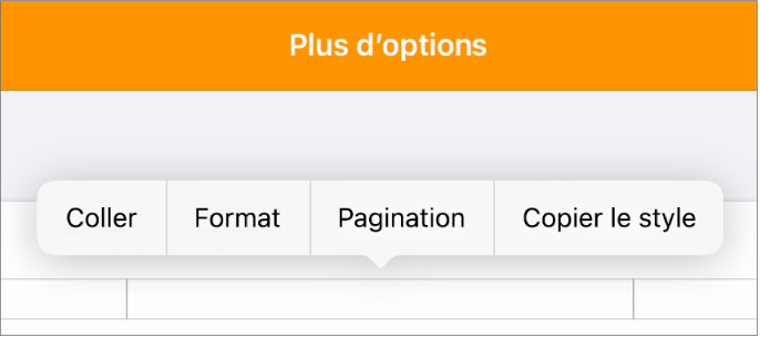 Trois champs d’en-tête avec le point d’insertion au centre et un menu contextuel affichant Pagination.