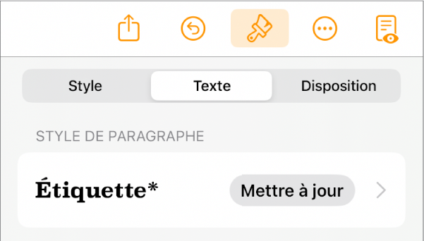 Style de paragraphe Corps avec un astérisque affiché à côté et un bouton Mettre à jour à droite.