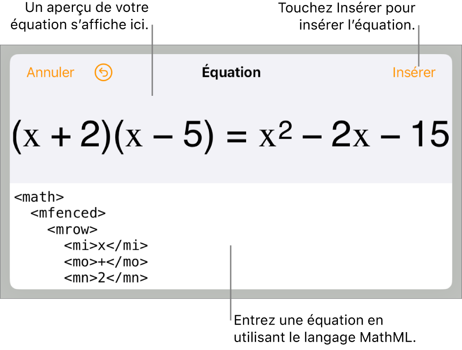 Zone de dialogue Équation, affichant une équation composée à l’aide des commandes MathML et aperçu de la formule au-dessus.