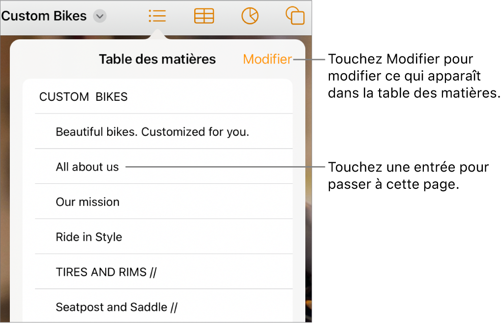 La présentation de la table des matières avec les entrées sous forme de liste. Le bouton Modifier se trouve dans le coin supérieur droit de la présentation.