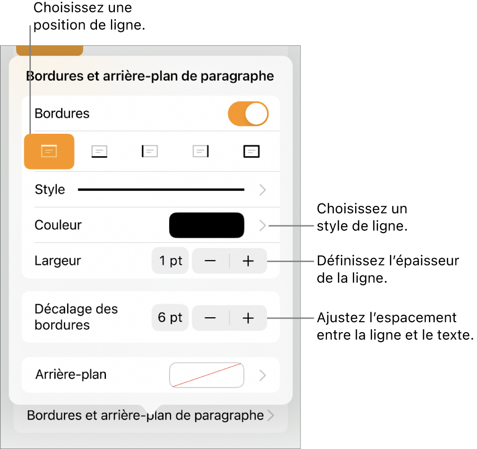 Commandes permettant de modifier le style, l’épaisseur, la position et la couleur de la ligne.