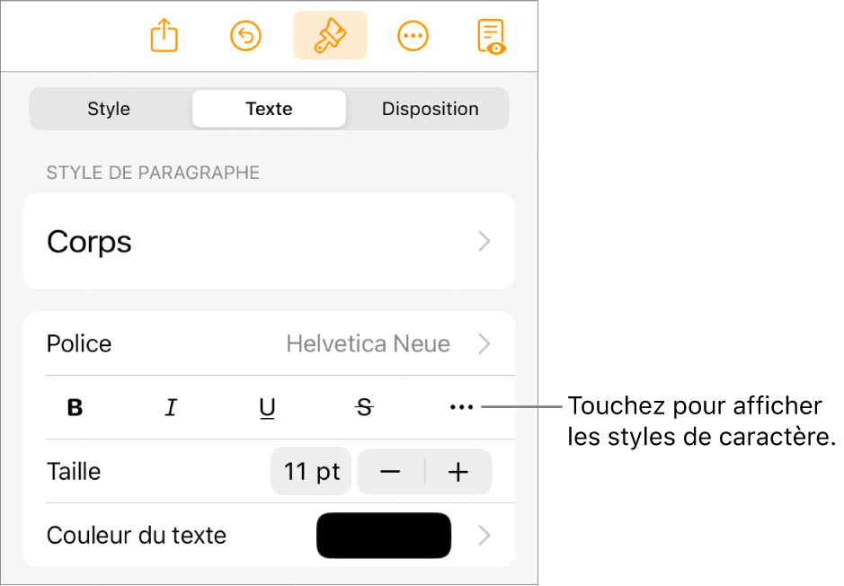 Les commandes de Format avec les styles de paragraphes en haut, puis les commandes de Police. Sous Police se trouvent les boutons Gras, Italique, Souligné, Barré et Plus d’options de texte.