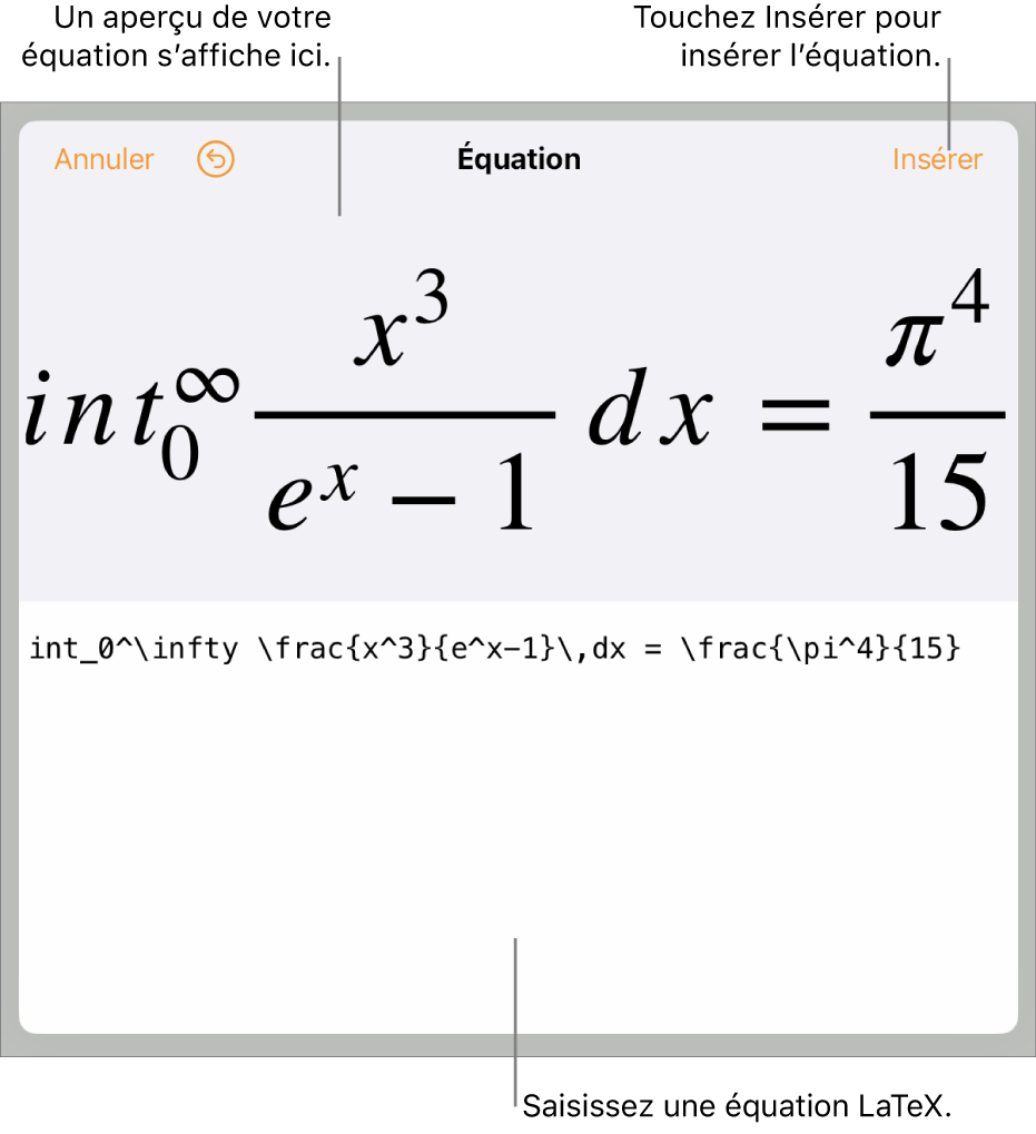 Zone de dialogue Équation, affichant une équation composée à l’aide des commandes LaTeX, et un aperçu de la formule au-dessus.