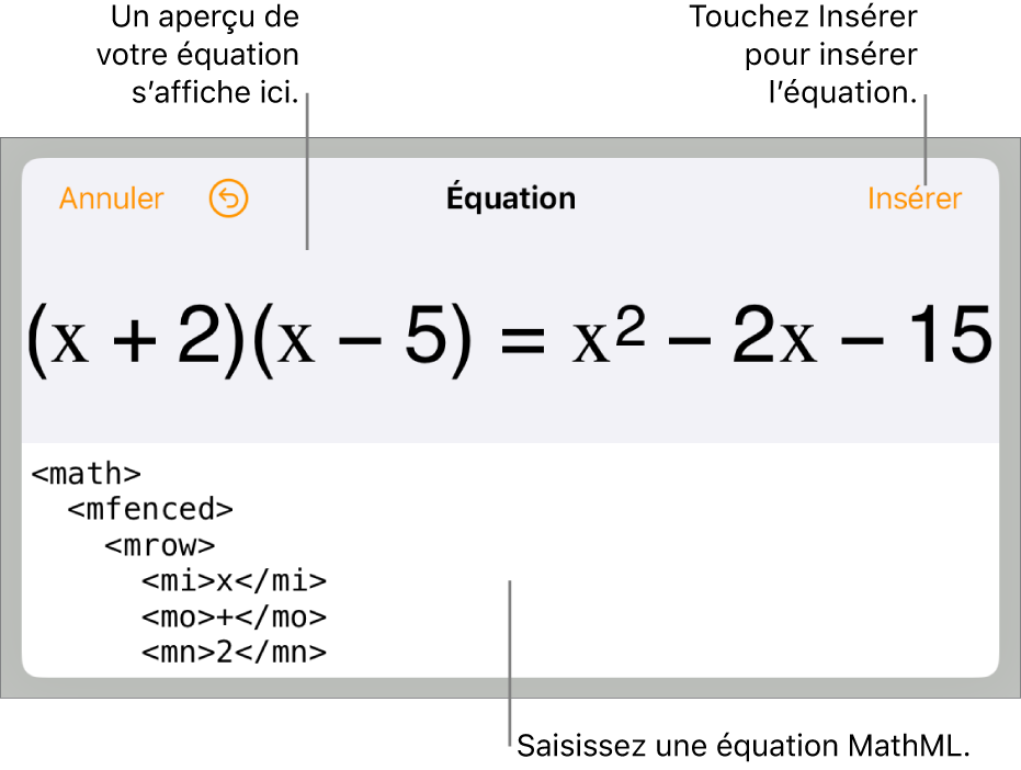 Zone de dialogue Équation, affichant une équation composée à l’aide des commandes MathML, et un aperçu de la formule au-dessus.