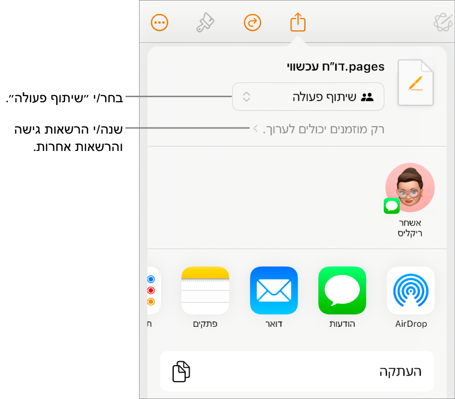 תפריט השיתוף כאשר האפשרות ״שיתוף פעולה״ נבחרת בחלק העליון ומתחתיה הגדרות הגישה וההרשאות.