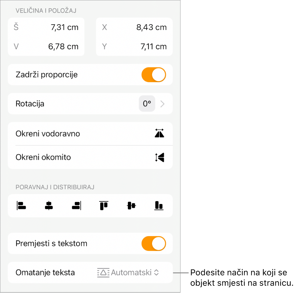 Kontrole formatiranja s odabranom karticom Razmjesti i kontrolama za opcije Pomakni natrag/naprijed, Pomiči uz tekst i Omatanje teksta.