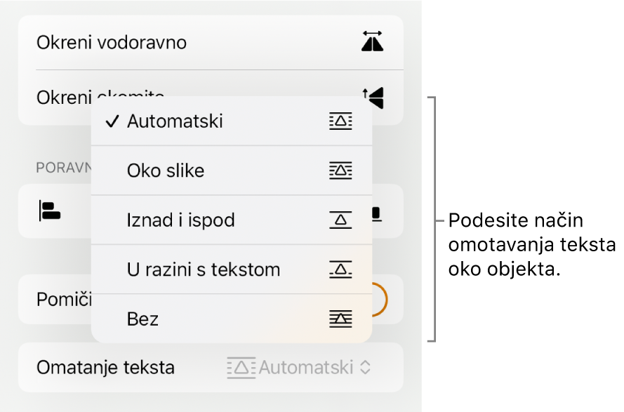 Kontrole formatiranja s odabranom karticom Razmjesti. Ispod se nalaze kontrole za Omatanje teksta uz Pomakni natrag/naprijed, Pomiči uz tekst i Omatanje teksta.