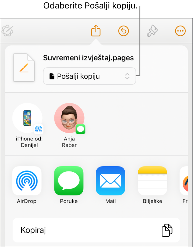 Izbornik dijeljenja s odabranom opcijom Pošalji kopiju pri vrhu.