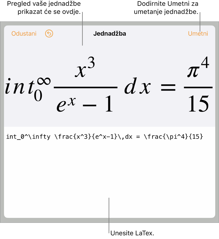 Dijaloški okvir Jednadžba koji prikazuje jednadžbu napisanu korištenjem LaTeX naredbi i prikaz gornje formule.