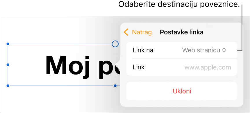 Kontrole Postavke linka s odabranom opcijom Web stranica, tipka Ukloni nalazi se na dnu.