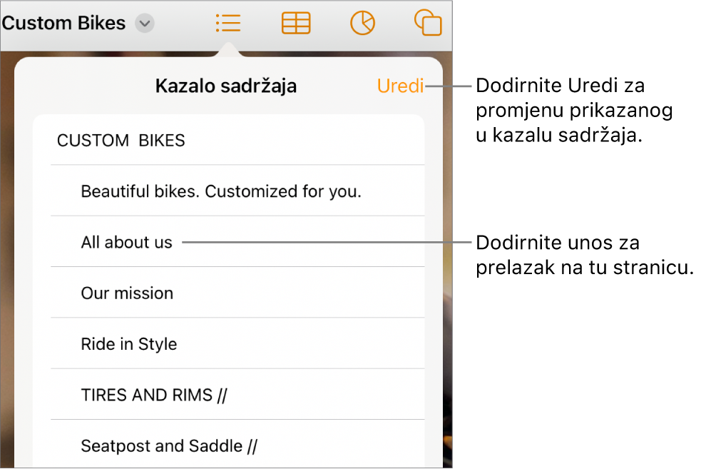 Prikaz kazala sadržaja sa stavkama na popisu. Tipka Uredi nalazi se u gornjem lijevom kutu prikaza.