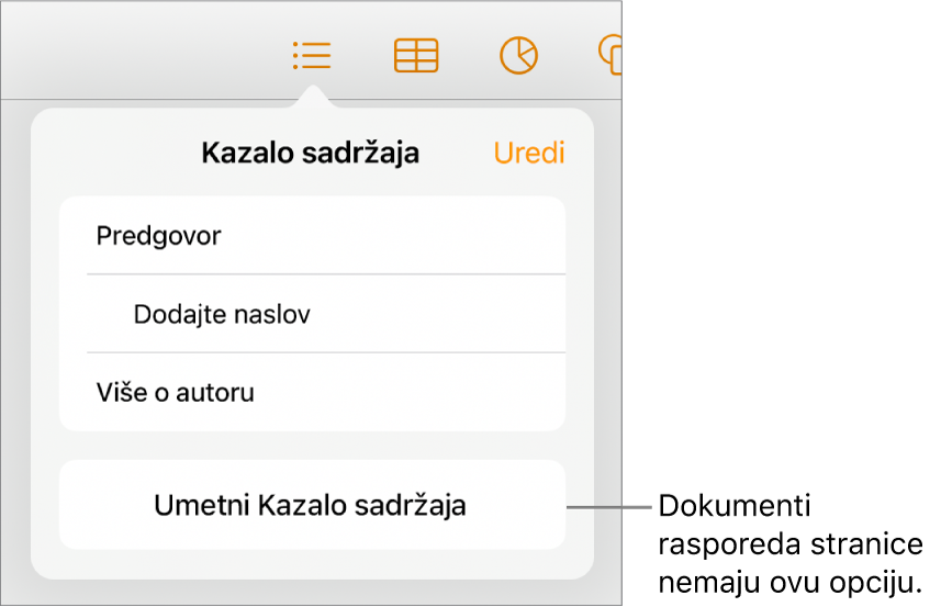 Prikaz kazala sadržaja s opcijom Uredi u gornjem desnom kutu, unosima u kazalo sadržaja i tipkom Umetni kazalo sadržaja na dnu.