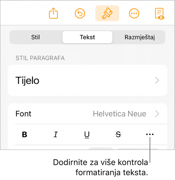 Kartica Tekst u kontrolama formatiranja, s oblačićem na tipku Dodatne opcije teksta.