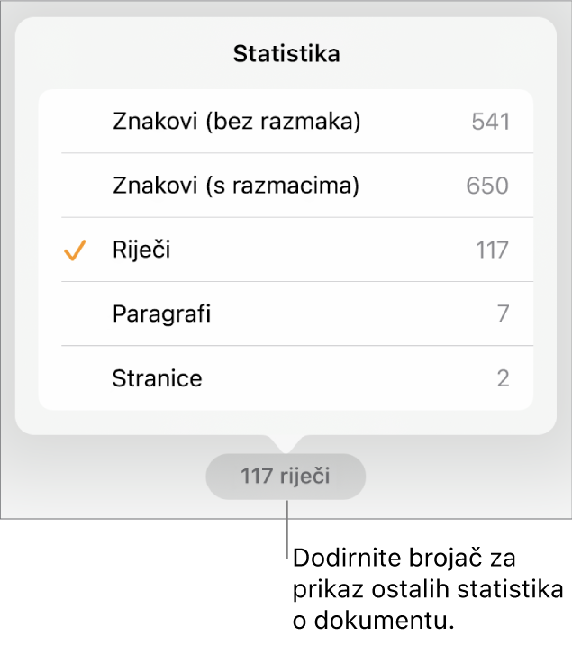 Brojač riječi s izbornikom koji pokazuje opcije za prikaz broja znakova bez i s razmacima, broj riječi, broj paragrafa i broj stranica.