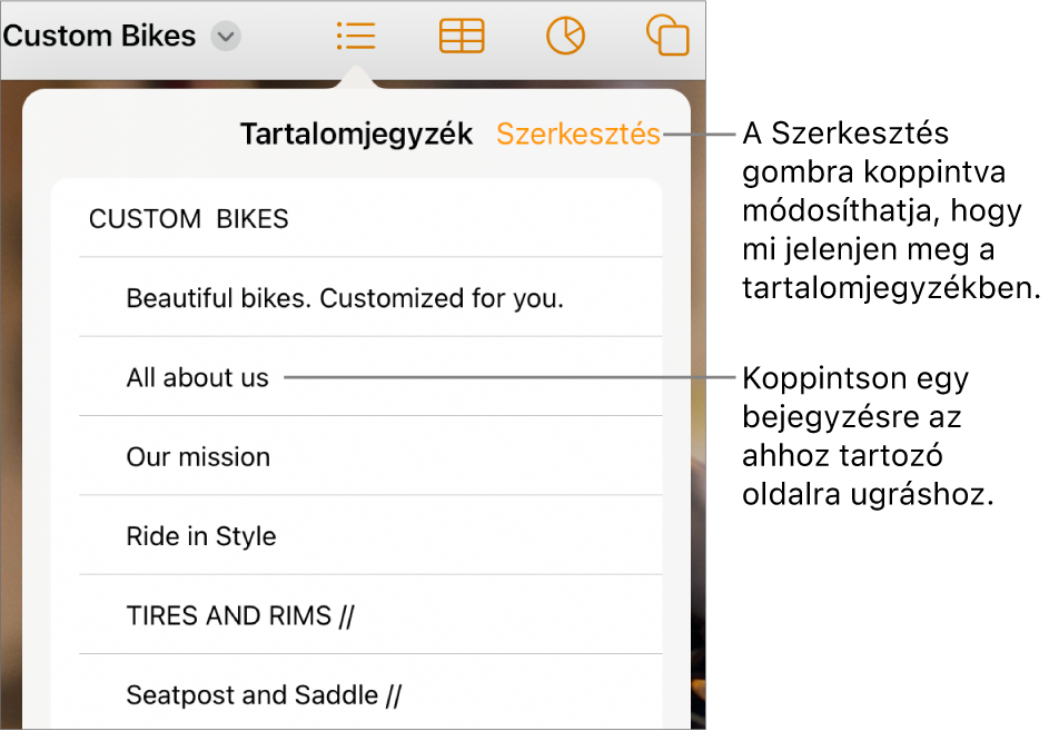 A tartalomjegyzék nézete a listába rendezett bejegyzésekkel. A Szerkesztés gomb a nézet jobb felső sarkában található.