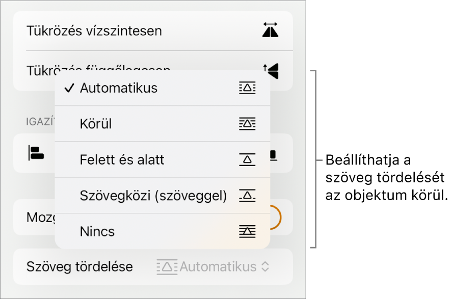 A formázásvezérlők a kijelölt Elrendezés lappal. Alatta a Szövegtördelés vezérlők láthatók a következőkkel: Mozgatás hátra/előre, Mozgatás szöveggel és Szöveg tördelése.