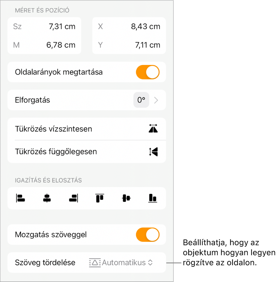 A formázásvezérlők a kijelölt Elrendezés lappal és a következőkkel: Mozgatás hátra/előre, Mozgatás szöveggel és Szöveg tördelése.