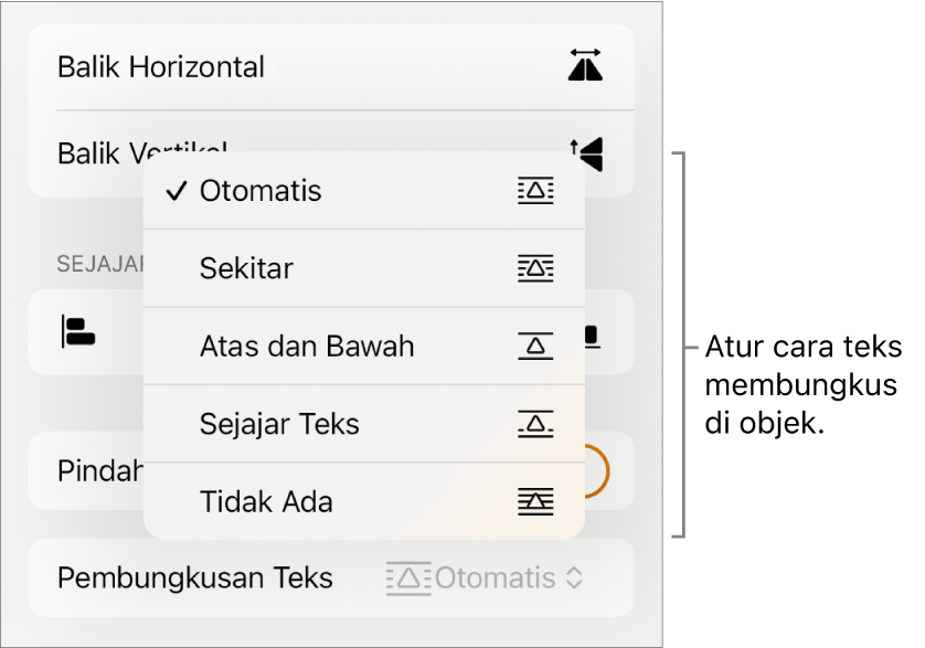 Kontrol Format dengan tab Susun dipilih. Di bawahnya terdapat kontrol Pembungkusan Teks dengan Pindahkan ke Belakang/Depan, Pindahkan dengan Teks, dan Pembungkusan Teks.