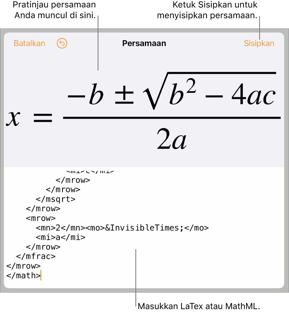 Dialog Persamaan, menampilkan sebuah persamaan ditulis menggunakan perintah MathML, dan pratinjau formula di atas.