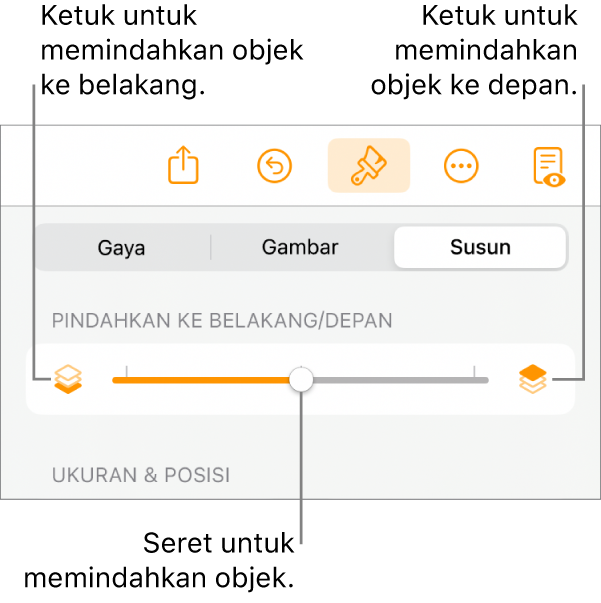 Tombol Pindahkan ke Belakang, tombol Pindahkan ke Depan, dan penggeser lapisan.