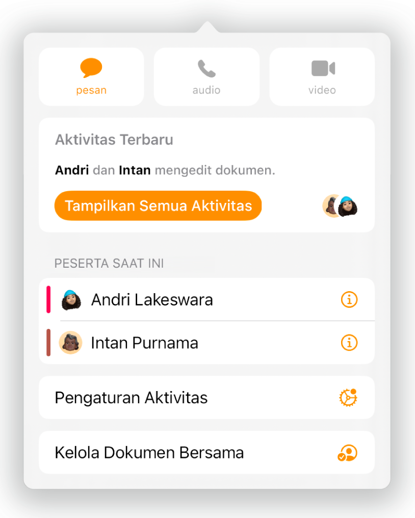 Menu kolaborasi menampilkan nama orang yang berkolaborasi di dokumen.