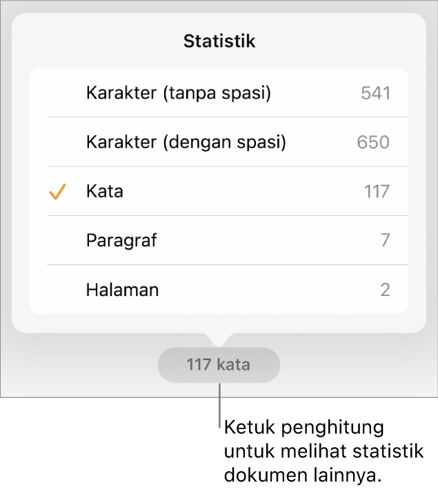 Penghitung kata dengan menu yang menampilkan pilihan untuk menampilkan jumlah karakter tanpa dan dengan spasi, jumlah paragraf, dan jumlah halaman.