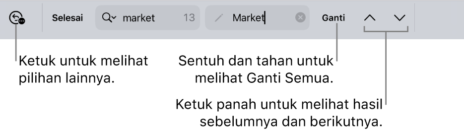 Kontrol Temukan & Ganti di atas papan ketik dengan keterangan pada tombol Pilihan Cari, Ganti, Ke Atas, dan Ke Bawah