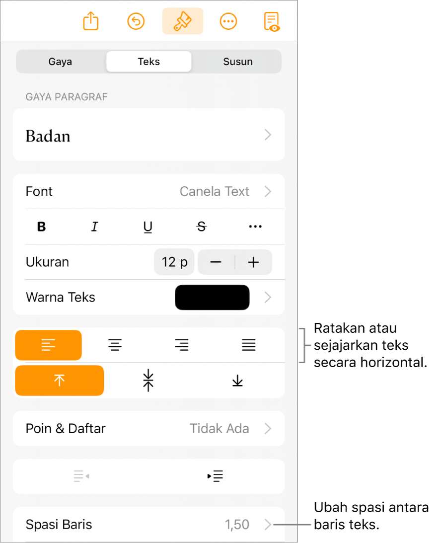 Tombol kontrol Format dengan tab Teks dipilih dan keterangan ke tombol perataan teks dan item menu Spasi Baris.