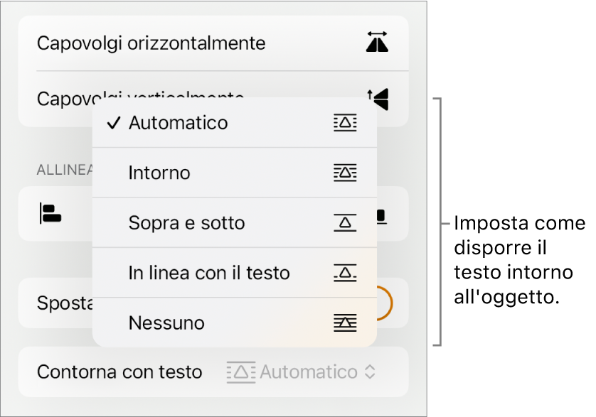I controlli di Formattazione con il pannello Disposizione selezionato. Al di sotto si trovano i controlli di “Contorna con testo” con “Sposta indietro/avanti”, “Sposta col testo” e “Disposizione testo”.