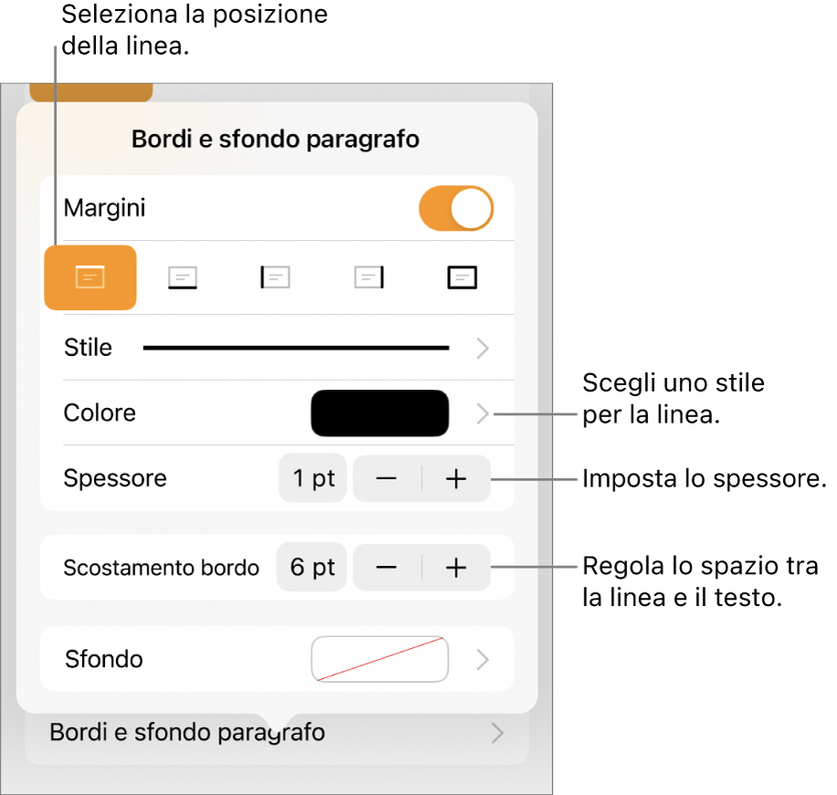 Controlli per modificare lo stile, lo spessore, la posizione e il colore della linea.