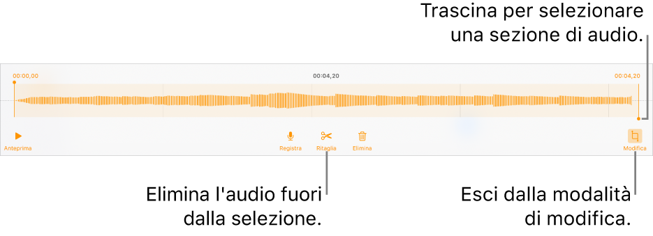 Controlli per modificare una registrazione audio. Maniglie che indicano la sezione selezionata della registrazione con pulsanti Anteprima, Registra, Ritaglia, Elimina e per la modalità di modifica al di sotto.