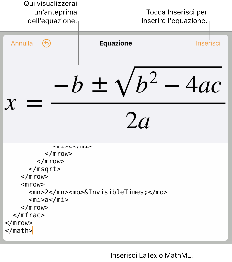 La finestra di dialogo Equazione che mostra l’equazione scritta tramite comandi MathML e un’anteprima della formula di cui sopra.