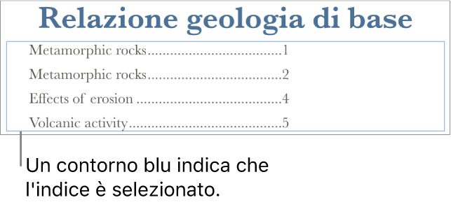 Un indice inserito in un documento. Le voci mostrano le intestazioni, con il loro numero di pagina.