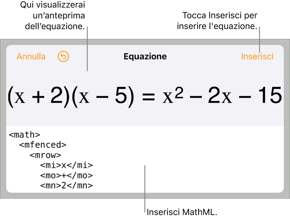 La finestra di dialogo Equazione che mostra l’equazione scritta tramite comandi MathML e un’anteprima della formula di cui sopra.