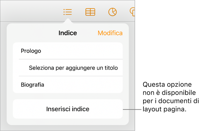 La vista indice con Modifica nell’angolo superiore destro, le voci dell’indice e il pulsante “Inserisci indice” nella parte inferiore.
