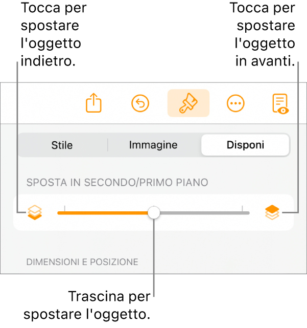Pulsante sposta indietro, pulsante sposta avanti e cursore livelli.