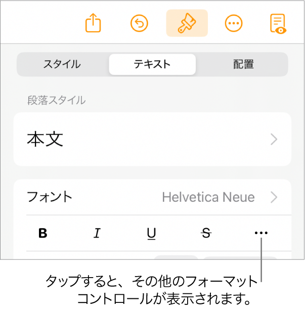 「フォーマット」コントロールの「テキスト」タブ。「その他のテキストオプション」ボタンへのコールアウトが表示された状態。